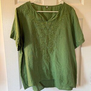 Women's Embroidered Blouse Tunic V-neck Linen Tops Short Sleeve, Lime Green, Lar